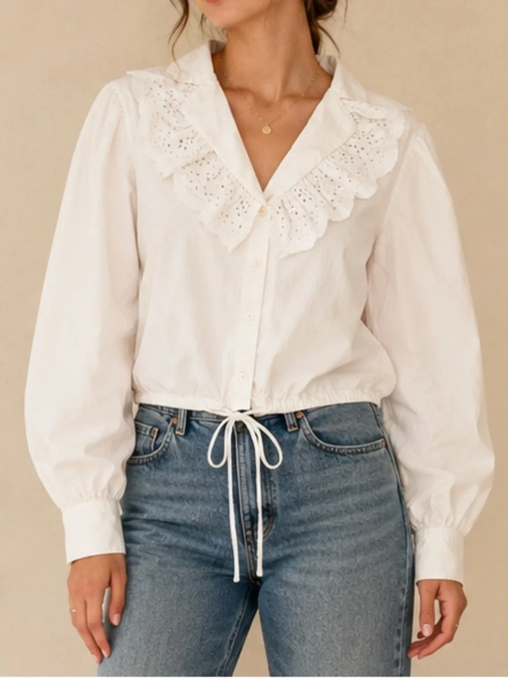 Zara White Eyelet Ruffle Collar Balloon Sleeve Boho Cropped Cotton Blouse Size L